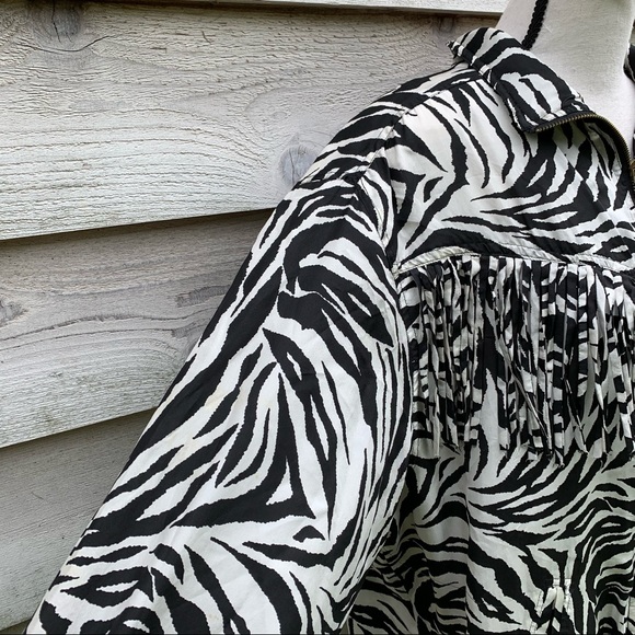 Vintage 80s Silk Zebra Print Fringe Trim Long Sleeve Zip Front Collared Jacket - Picture 11 of 16